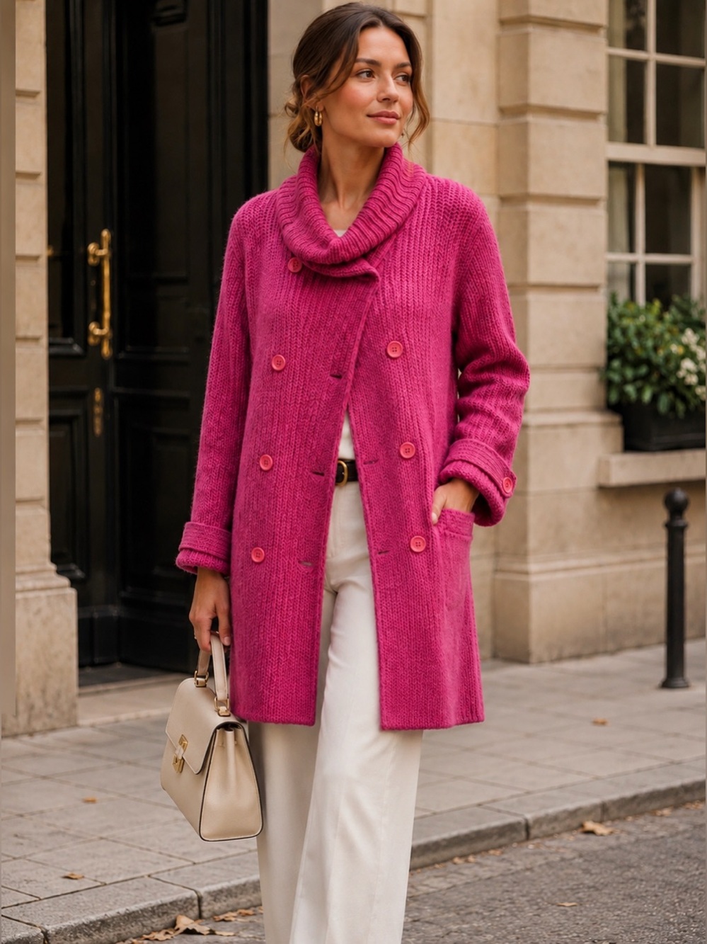 Together Hot Pink Chunky Knit Double-Breasted Long Cardigan with Wool, Small